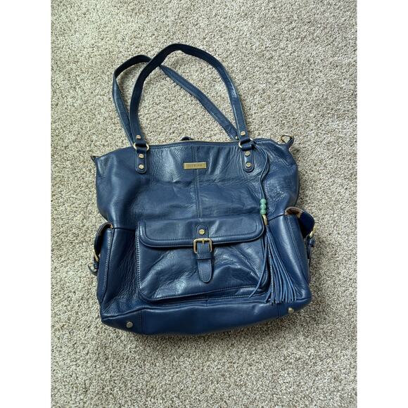 Lily Jade 100% Genuine Leather Blue Convertible Diaper Bag Backpack Meggan - Picture 2 of 16